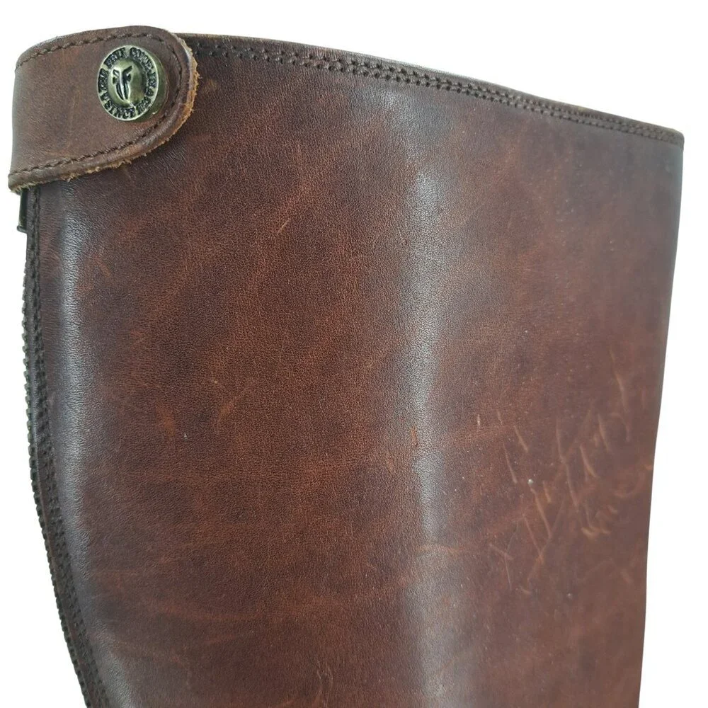 Frye Melissa Knee High Leather Brown Riding Boots Size 6.5 Distressed Snap Zip